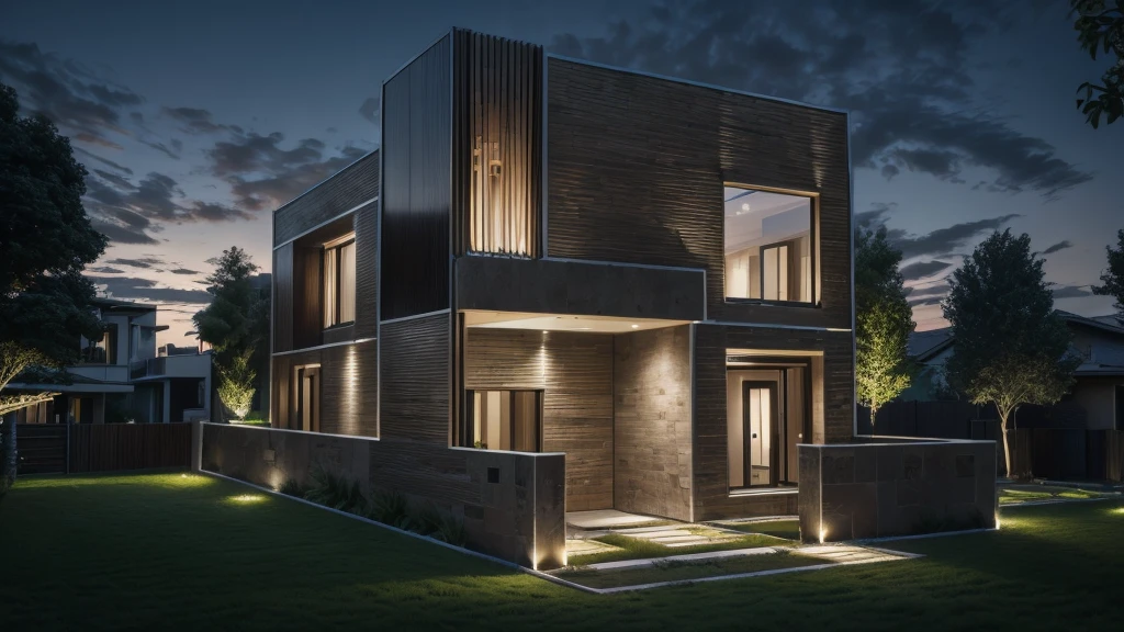 photorealistic, modern house,facade,modern,512k,high detailed, photoreal, award winning, large glass window on the right side, grass, plants, trees, evening, interior lights,((travertine stone façade))
award winning, extremely detailed,