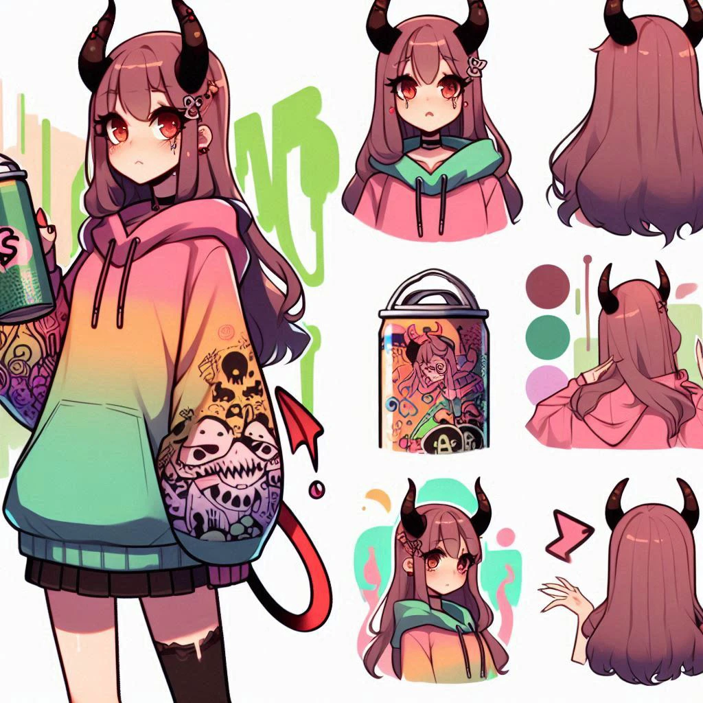 I want a female character IN graffiti STYLE, with horns and a devil's tail, I want something very pretty and cute, I want anime style with unique features, I want a female character with cosplay, ((style desing Boku no hero animation)) our ((style cartoon vibe design art))