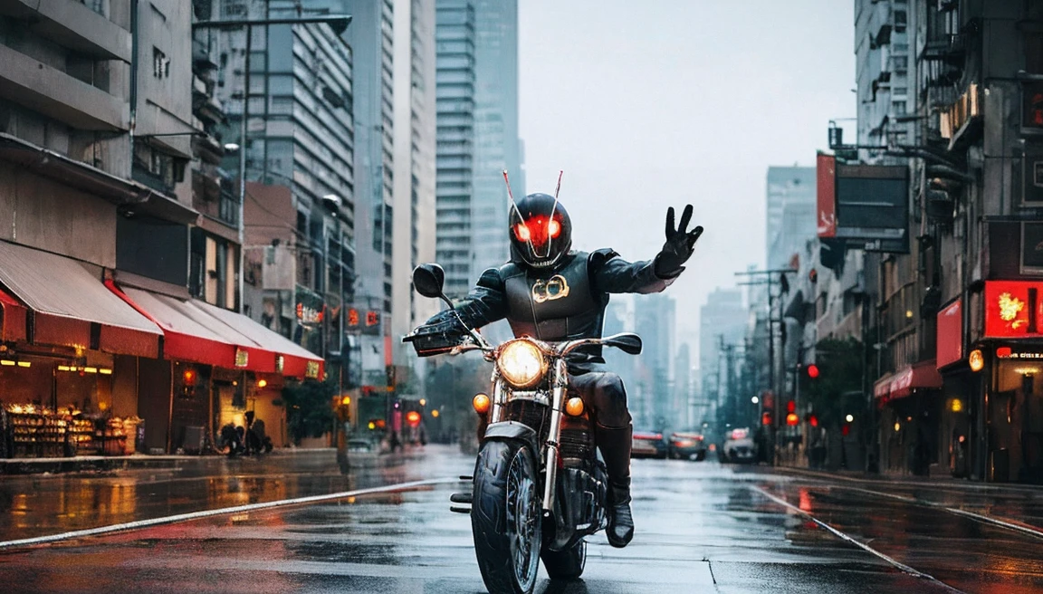 Kamen_Rider_Black_RX, (riding a motorcycle, in futuristic outfit:1.2), dynamic, action-packed, detailed character design, 1 man, cyberpunk clothing, cyberpunk, (extremely detailed cyberpunk background:1.3),