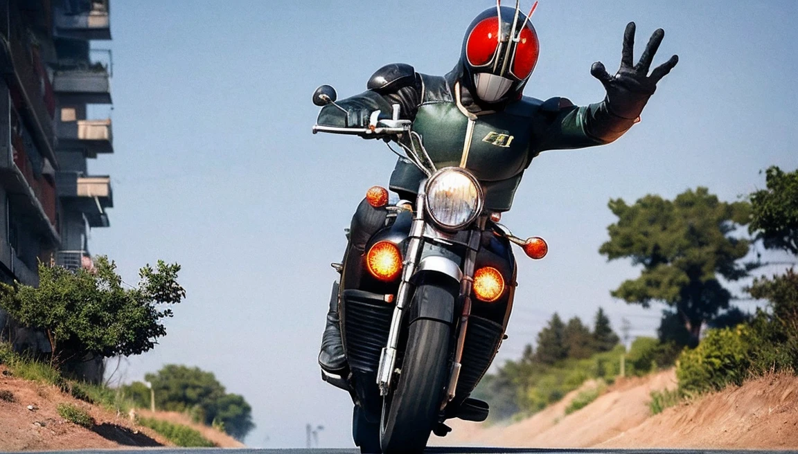 Kamen_Rider_Black_RX, (riding a motorcycle, in futuristic outfit:1.2), dynamic, action-packed, detailed character design, 1 man, cyberpunk clothing, cyberpunk, (extremely detailed cyberpunk background:1.3),