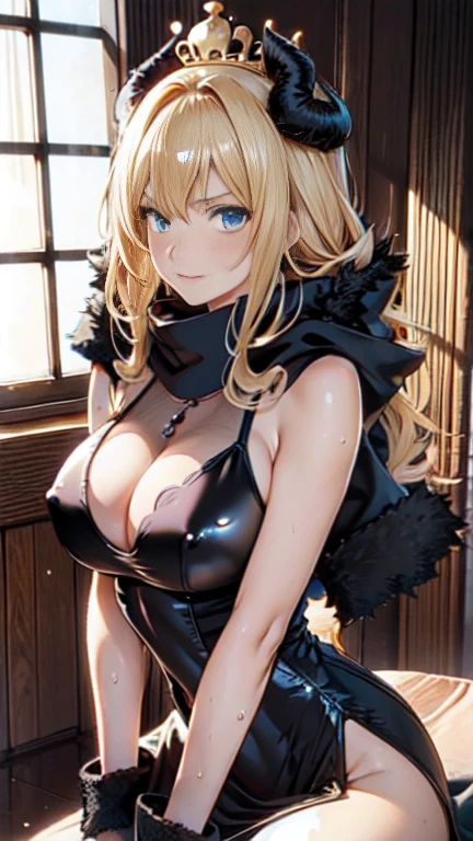the same,
Depicts only one woman,
Golden Hair,Wet hair texture,water droplets dripping from hair,
(long hair.05),Ashime,Loose and fluffy perm,
((Black Rose))Hair Accessories,Purple Necklace,
Natural skin texture,Big boobs,Narrow waist,Bring both arms together,
Slightly muscular body,
((((Black one piece dress)))),
Black scarf,
(((Black transparent jacket))),
Golden crown,
Neuschwanstein Castle,sit,
4:50pm,sunset,Boat ride,
Slightly larger breasts,expression(Puzzled),Hall々and attitude,Closed Mouth,
blush,from the front,Broken posture,
Natural depiction,
Beautiful depiction,
Shiny eyes,
Healthy Body,
Natural hairstyle,
Natural body contours,
Natural facial contours,
(Five fingers)Absolute depiction,Symmetrical fingers,
Two arms,
Two legs,
Sharp eyelid depiction,
Symmetrical eyes,Symmetrical eyes,
Keep the subject in the center,Expand the upper body,
Beautiful image quality,
Delicate shades,
4K,Very detailed,
Delicate light adjustment,
Delicate contour drawing,
Does not depict nipples,