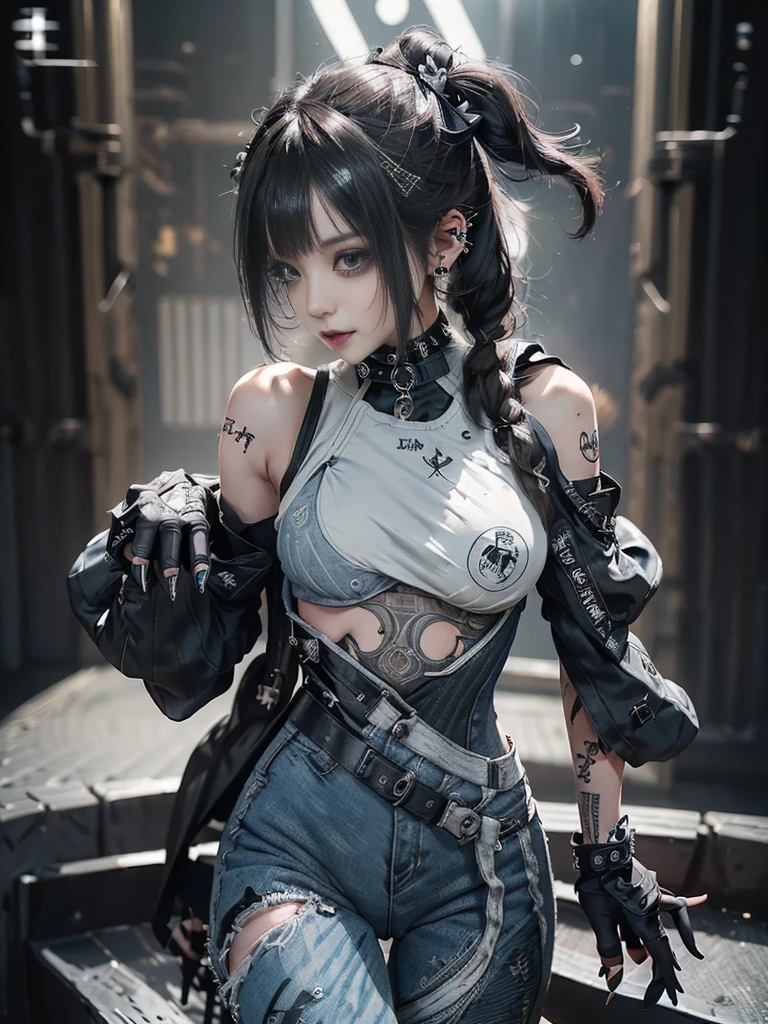 (Full Body View:1.4)、(Side view:1.1)、(Smiling with teeth showing:1.3),(Shibuya Gal:1.5)、(Gothic Lolita style fashion:1.5)、(Punk RockVisual Kei:1.5)、(Wearing a rhythmic gymnastics bodysuit with intricate details:1.4)、(Racing suit and pants with intricate decorations in white, denim and charcoal:1.5)、(Denim and light blue and white boots:1.3)、((belt))、(Numerous delicate logo marks all over the costume:1.4)、(collar:1.3)、(Striped underwear:1.5)、20-year-old、NSFW、((Highest quality、In 8K、masterpiece:1.3))、Sharp focus:1.2、(Layered Cut、Huge boobs:1.1),Beautiful woman with perfect figure:1.4、(Dancing vigorously:1.3)、Slender Abs:1.2、Highly detailed face and skin texture、Detailed eyes、double eyelid,(Twin tails:1.3)、(Black brown hair:1.3)、Gravure idol、(The background is the stage of the fashion show:1.3)、(Slim body:1.3),(Make your legs thinner:1.4),(clavicle:1.1)、(Thin and slim thighs:1.3)