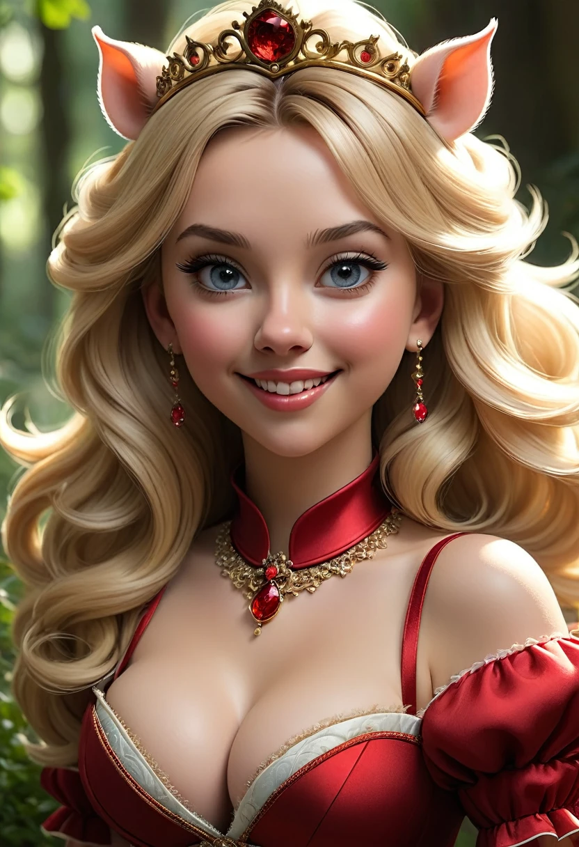 the overall theme and style should feel like. ahybrid of fairytale and Science Fiction. extremely beautiful model, 20 years old female, long Golden-yellow hair,, that has a mettalic glimmer and sheen. realistic, perky breasts, cleavage,, hooped skirt, red corset, large tiara. Wide Smile, Eyes Detailed & Wide, Dynamic Pose. Ultra HD, Rococo-Inspired Fantasy Art With Intricate Details. Cute, Charming Expression, Alluring-Gaze, looking at viewer Beautiful Eyes, An-Ideal-Figure. Large Youthful Well-Shaped-Breasts, Attractive ass showcased. Massive-Round-Bosom, Décolletage. slim waist, fit body, full lipsWarm lights , woman in a dreamy forest at night, with fluffy hair, delicate face, realistic, real, slim, large aperture, sexy shots, attractive poses, Mesmerizingly mash up of Scarlett Johanson. Alison Brie, Selena Gomez. symmetrical face, photorealistic, photography, path tracing, specular lighting, volumetric face light, path traced hairmaximum quality{(masutepiece) (8K High Resolution) (top-quality)