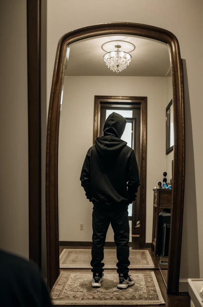 Mysterious hoodie guy in front a mirror centered shot cinematic