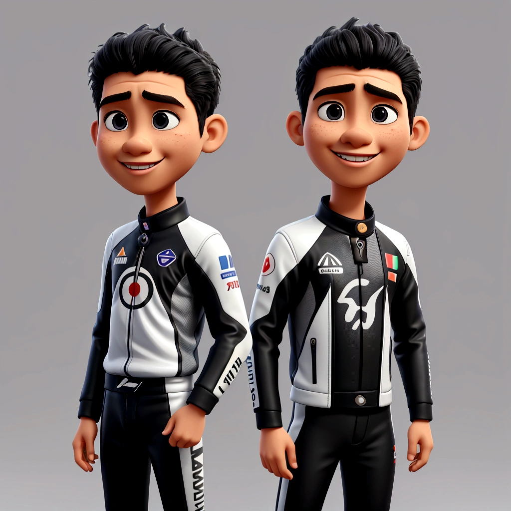 a young indonesia man, wear yamaha racing suit, big head, 3d, short hair, portrait. grey background, 3d cartoon, caricature
