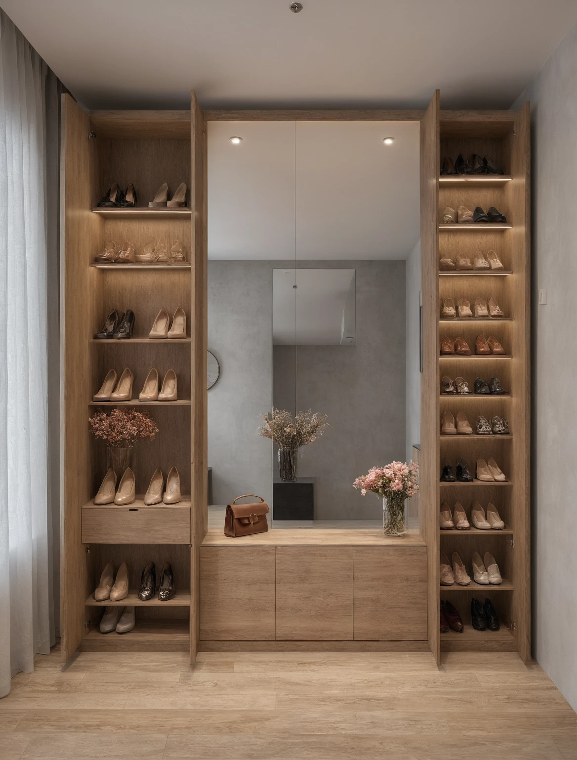 Raw photo,Masterpiece, high quality, best quality, authentic, super detail, interior, shoes Cabinet style wabi sabi , sunset, daylight, shoe cabinets, decorative cabinets, flower vases, led lights, ceiling lights, decorations, books, wooden floor, handbags, shoes, bearbrick, ((mirror)),