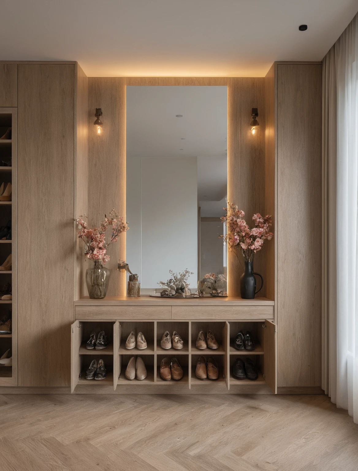 Raw photo,Masterpiece, high quality, best quality, authentic, super detail, interior, shoes Cabinet style wabi sabi , sunset, daylight, shoe cabinets, decorative cabinets, flower vases, led lights, ceiling lights, decorations, books, wooden floor, handbags, shoes, bearbrick, ((mirror)), 