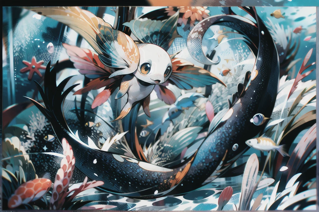 full body, shoot from front, (masterpiece, Highest quality:1.2), (Intricately detailed:1.2), Whimsical underwater world, Schools of vibrant fish dart among corals and sea anemones. The colors are vibrant and playful, pink, yellow, Blues creates a bright and lively atmosphere. In the foreground, A mermaid with flowing hair and a glittering tail gracefully swims through the water。, A playful octopus dances nearby. This scene、Captures the imagination and magic of an underwater fantasy world.