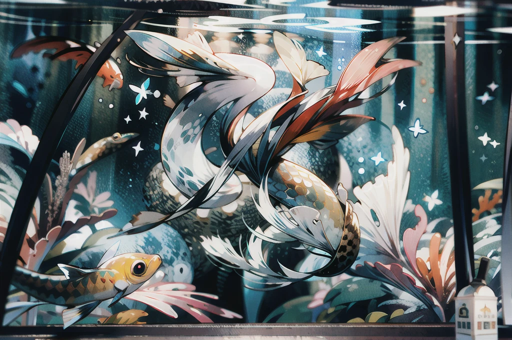 full body, shoot from front, (masterpiece, Highest quality:1.2), (Intricately detailed:1.2), Whimsical underwater world, Schools of vibrant fish dart among corals and sea anemones. The colors are vibrant and playful, pink, yellow, Blues creates a bright and lively atmosphere. In the foreground, A mermaid with flowing hair and a glittering tail gracefully swims through the water。, A playful octopus dances nearby. This scene、Captures the imagination and magic of an underwater fantasy world.