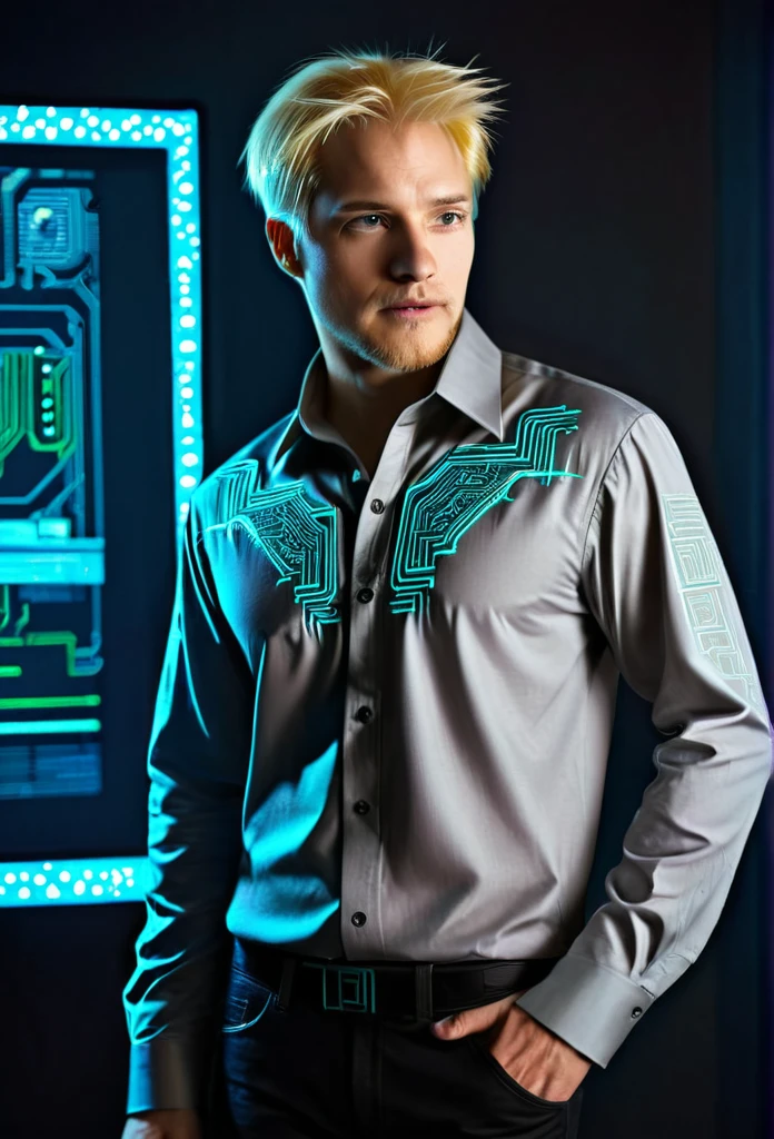 Matrix cyberpunk shirt blond man futuristic embroidery on a men's shirt, cyberpunk cyberpunk patterns are embroidered near the neck, sleeves without patterns, only a computer circuit is embroidered near the neck i