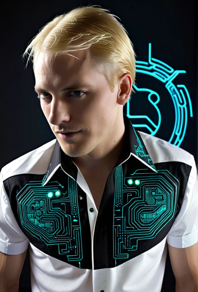 Matrix cyberpunk shirt blond man futuristic embroidery on a men's shirt, cyberpunk cyberpunk patterns are embroidered near the neck, sleeves without patterns, only a computer circuit is embroidered near the neck i