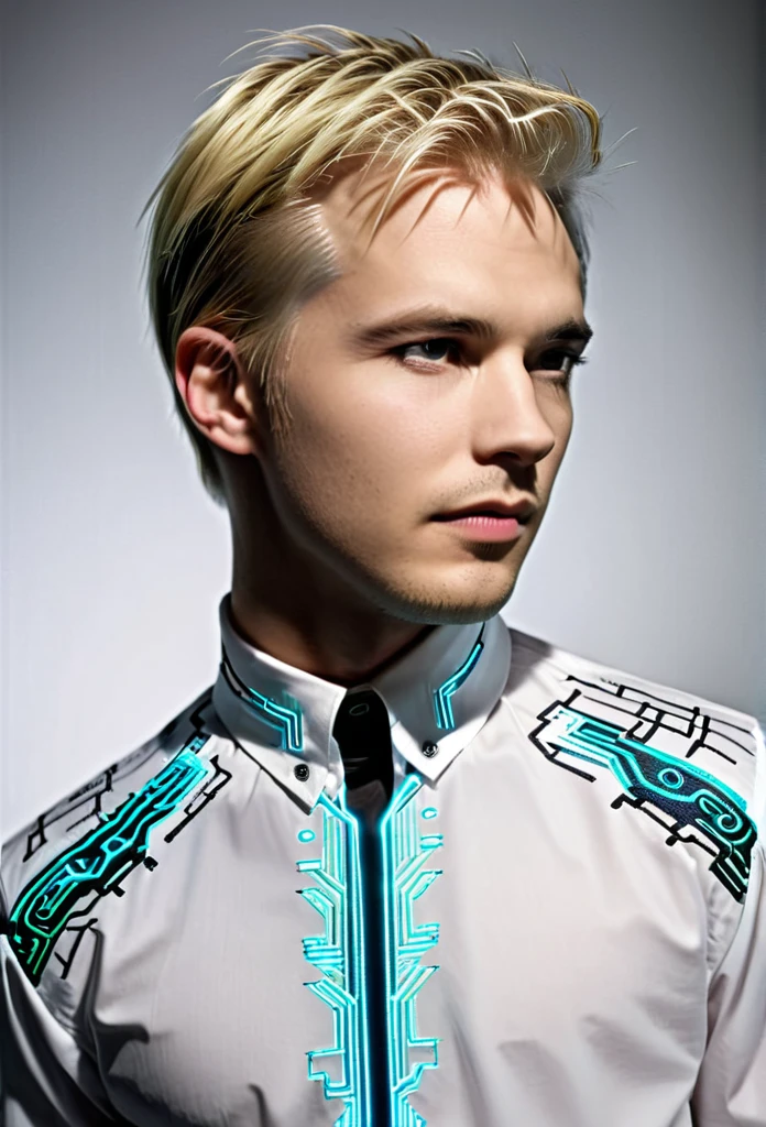 Matrix cyberpunk shirt blond man futuristic embroidery on a men's shirt, cyberpunk cyberpunk patterns are embroidered near the neck, sleeves without patterns, only a computer circuit is embroidered near the neck i