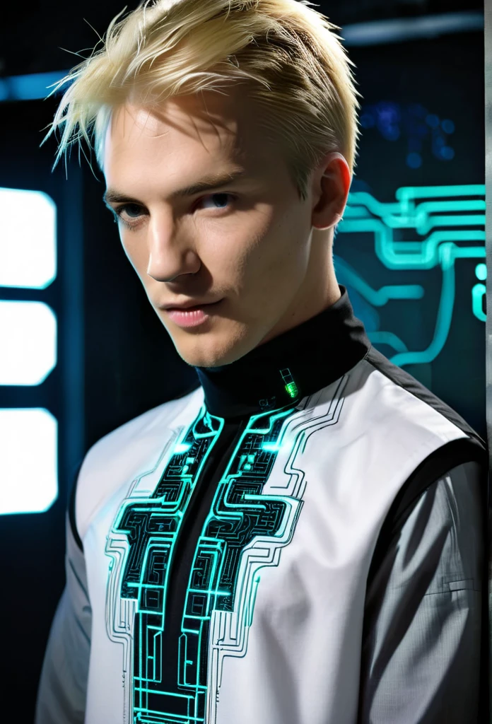 Matrix cyberpunk shirt blond man futuristic embroidery on a men's shirt, cyberpunk cyberpunk patterns are embroidered near the neck, sleeves without patterns, only a computer circuit is embroidered near the neck i