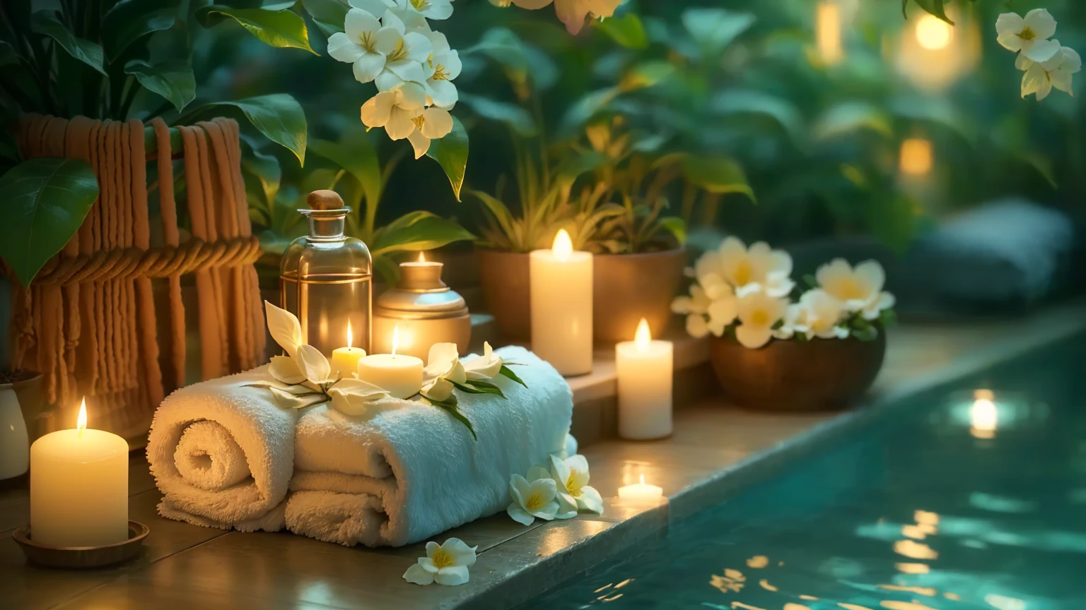 Candles and towels on a table next to the pool, Peaceful atmosphere, relax environment, relax atmosphere, Beautiful atmosphere, relax mood, Luxurious surroundings, Beautiful atmosphere, relax, spa, Night atmosphere, 穏やかなNight atmosphere, Quiet environment, Romantic atmosphere, Cozy and quiet atmosphere, Paradise Garden Massage, very relax, Beautiful Wallpapers