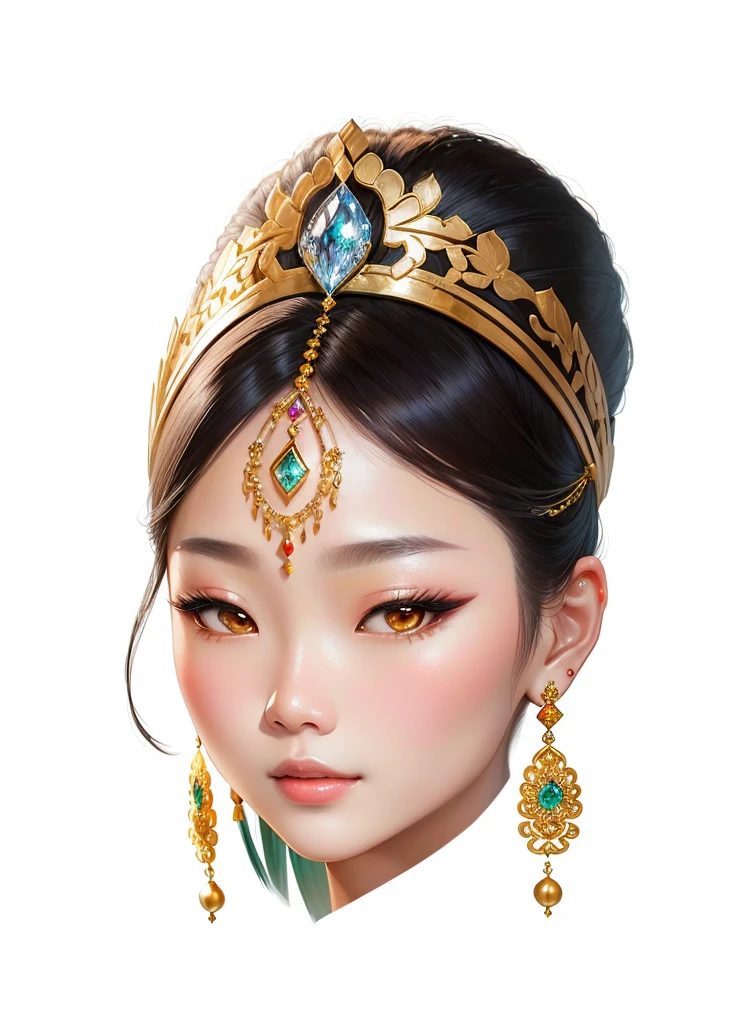 arafed woman wearing a tiable and earrings with a pearled headpiece, detailed face of a asian girl, asian face, south east asian with round face, oriental face, inspired by Sim Sa-jeong, kazakh empress, digital art of an elegant, asian beautiful face, beauty woman with detailed faces, detailed face ), inspired by Kim Jeong-hui