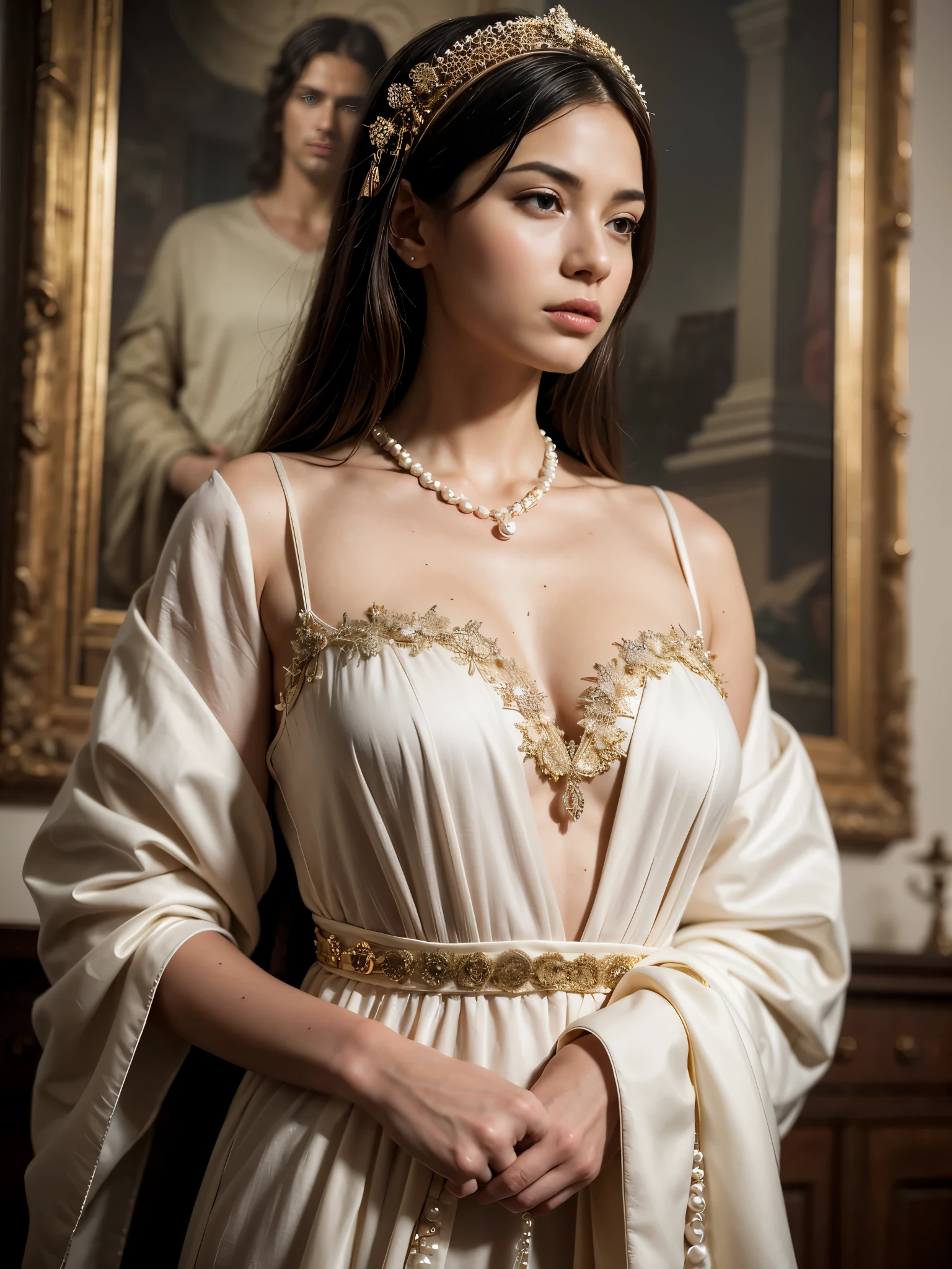 Depicted in the highest quality, ultra-detailed, and photorealistic style, the ethereal beauty of an evil empress is captured. As a theologian fanatic ruler, her elegance and charm are as striking as her manipulative and sadistic traits. Dressed in elaborate and elegance regal attire decorated with gold ornaments, her face is cover with gold chains mask, she makes a commanding presence. The art style is a unique blend of fantasy and sci-fi, adding an intriguing dimension to the character. Her aura of mystery and power is palpable, with the vibrant colors and sharp focus on details enhancing her commanding presence. Her sophisticated elegance is juxtaposed with her sadistic tendencies, creating a compelling and complex character. The blend of fantasy and sci-fi elements in the art style contributes to the striking visual impact of the composition.
