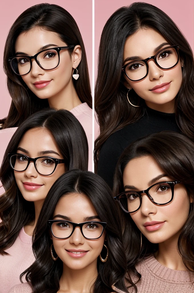 Create an animated image of 5 happy friends with these features Brunette with glasses (1): straight black hair, Eyes a little slanted, brunette wears glasses (2): Also brunette, With glasses, dark brown hair and cute smile brunette with mole on cheek: dark hair, BROWN SKIN, stands out for a mole on the cheek next to the nose, She wears a pink sweater and large heart earrings. Blanca has straight black hair., slim: clear skin, pelo liso y slim, big eyelashes and blush on the cheeks.
clear skin, curly hair and dark brown, He wears glasses and has a more robust build.