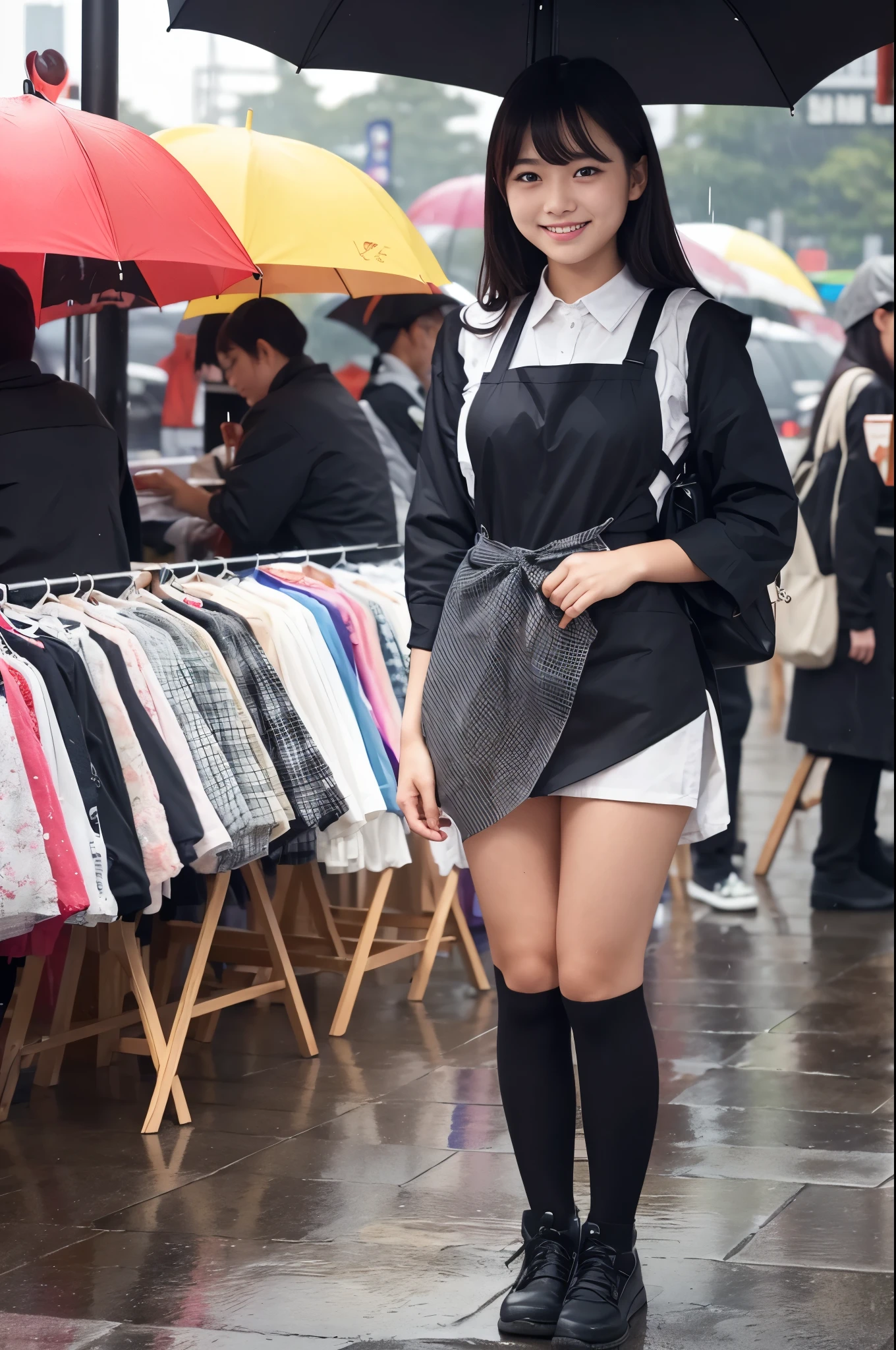 A 20-year-old girl selling umbrellas with umbrellas lined up（Wearing a miniskirt and apron）on a rainy day