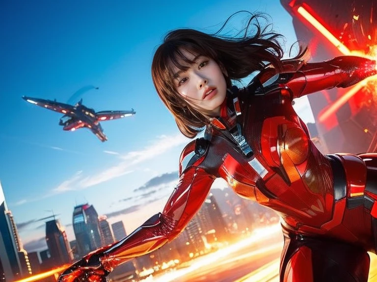 (RAW Photos, Highest quality), (Realistic, Photorealistic:1.3), 1 Girl、Realisticbody、Red and gold battle suit、Pyramid-shaped UFO from outer space、Countless laser beams、Tron、Starship、Mature Woman