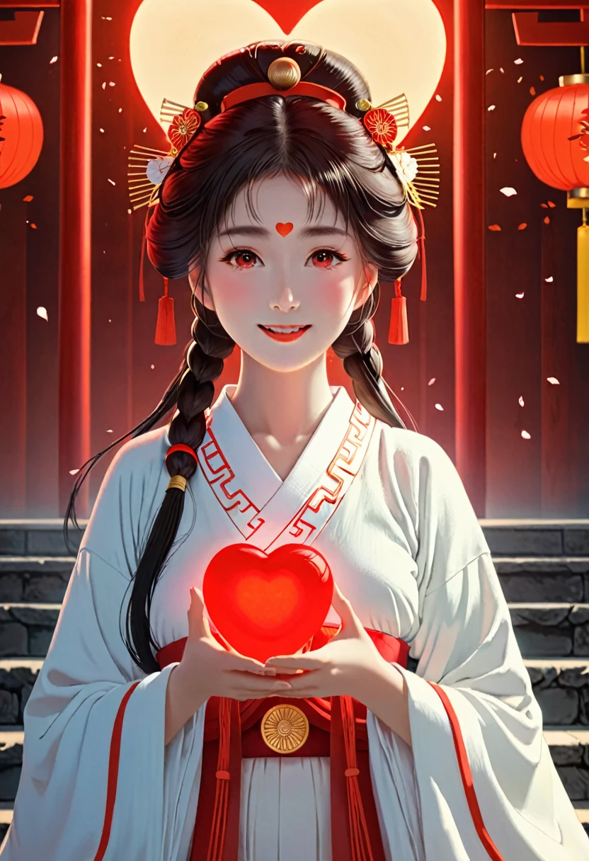 (shoot from front:1.2)Highest quality,4K,8K,High resolution,masterpiece,Has a glowing red heart,goddess,Shrine maiden,Mysterious atmosphere,smile,Small face