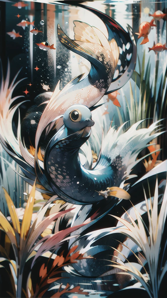 full body, shoot from front, (masterpiece, Highest quality:1.2), (Intricately detailed:1.2), Whimsical underwater world, Schools of vibrant fish dart among corals and sea anemones. The colors are vibrant and playful, pink, yellow, Blues creates a bright and lively atmosphere. In the foreground, A mermaid with flowing hair and a glittering tail gracefully swims through the water。, A playful octopus dances nearby. This scene、Captures the imagination and magic of an underwater fantasy world.