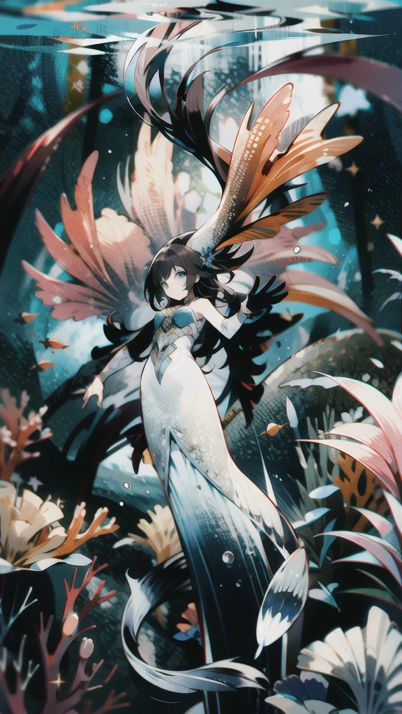 full body, shoot from front, (masterpiece, Highest quality:1.2), (Intricately detailed:1.2), Whimsical underwater world, Schools of vibrant fish dart among corals and sea anemones. The colors are vibrant and playful, pink, yellow, Blues creates a bright and lively atmosphere. In the foreground, A mermaid with flowing hair and a glittering tail gracefully swims through the water。, A playful octopus dances nearby. This scene、Captures the imagination and magic of an underwater fantasy world.