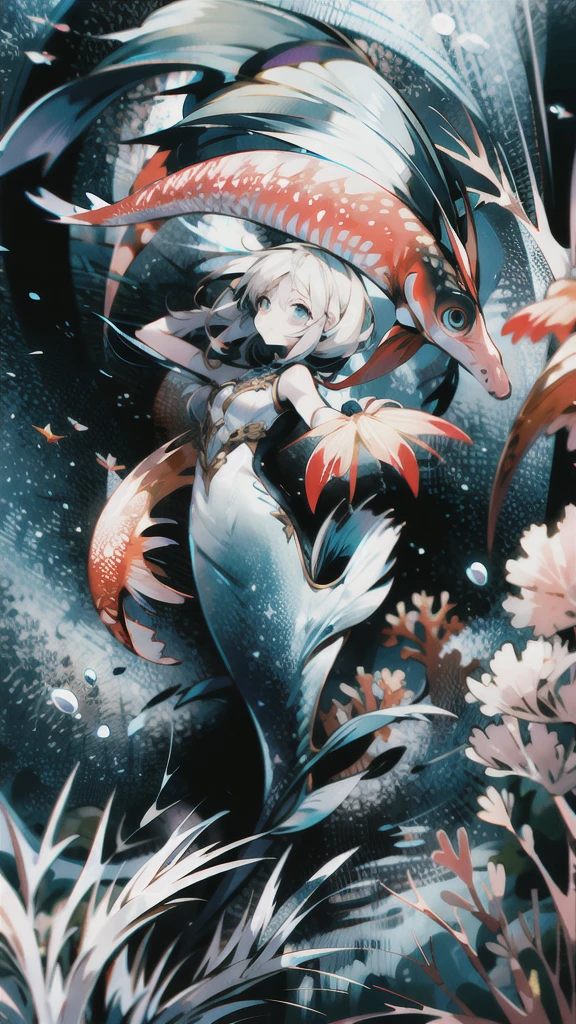 full body, shoot from front, (masterpiece, Highest quality:1.2), (Intricately detailed:1.2), Whimsical underwater world, Schools of vibrant fish dart among corals and sea anemones. The colors are vibrant and playful, pink, yellow, Blues creates a bright and lively atmosphere. In the foreground, A mermaid with flowing hair and a glittering tail gracefully swims through the water。, A playful octopus dances nearby. This scene、Captures the imagination and magic of an underwater fantasy world.