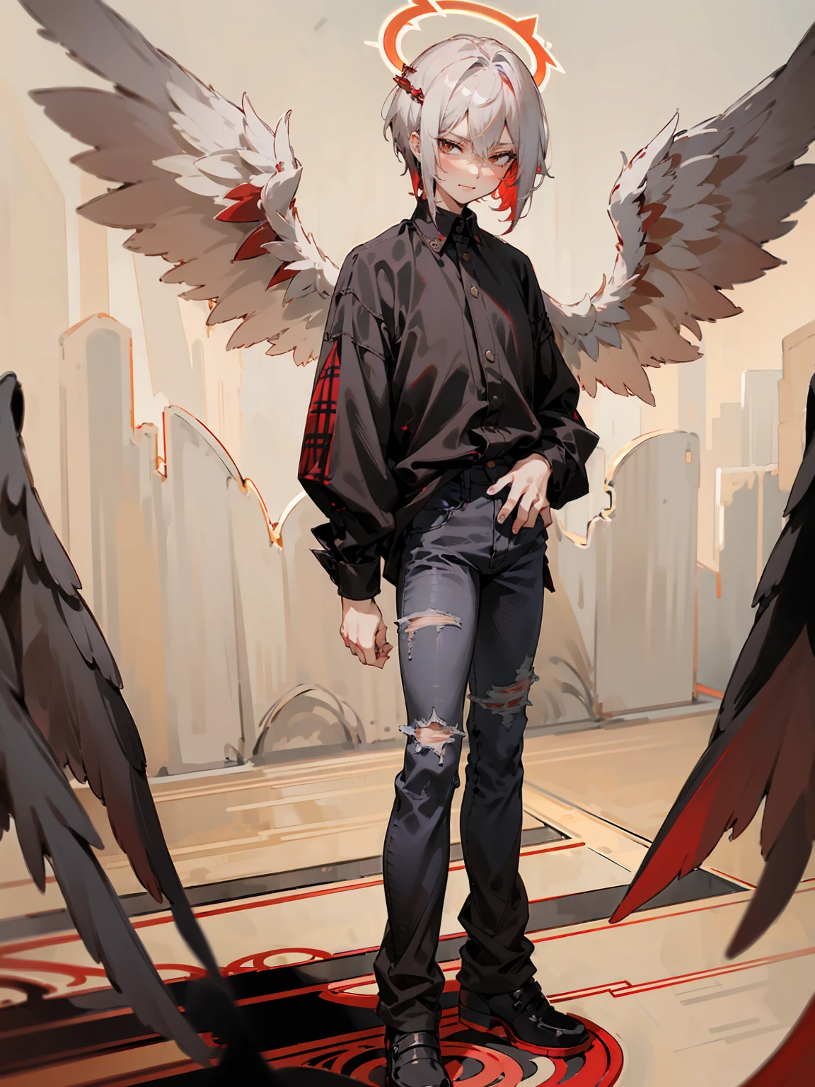1male, Adult, Two Tone Hair, Crimson and White Hair, Short Hair, Undercut Hair, Red Angel Halo, Black Wings, Golden Eyes, Smirk, Black Flannel Shirt, Black Ripped Jeans, Standing On Path