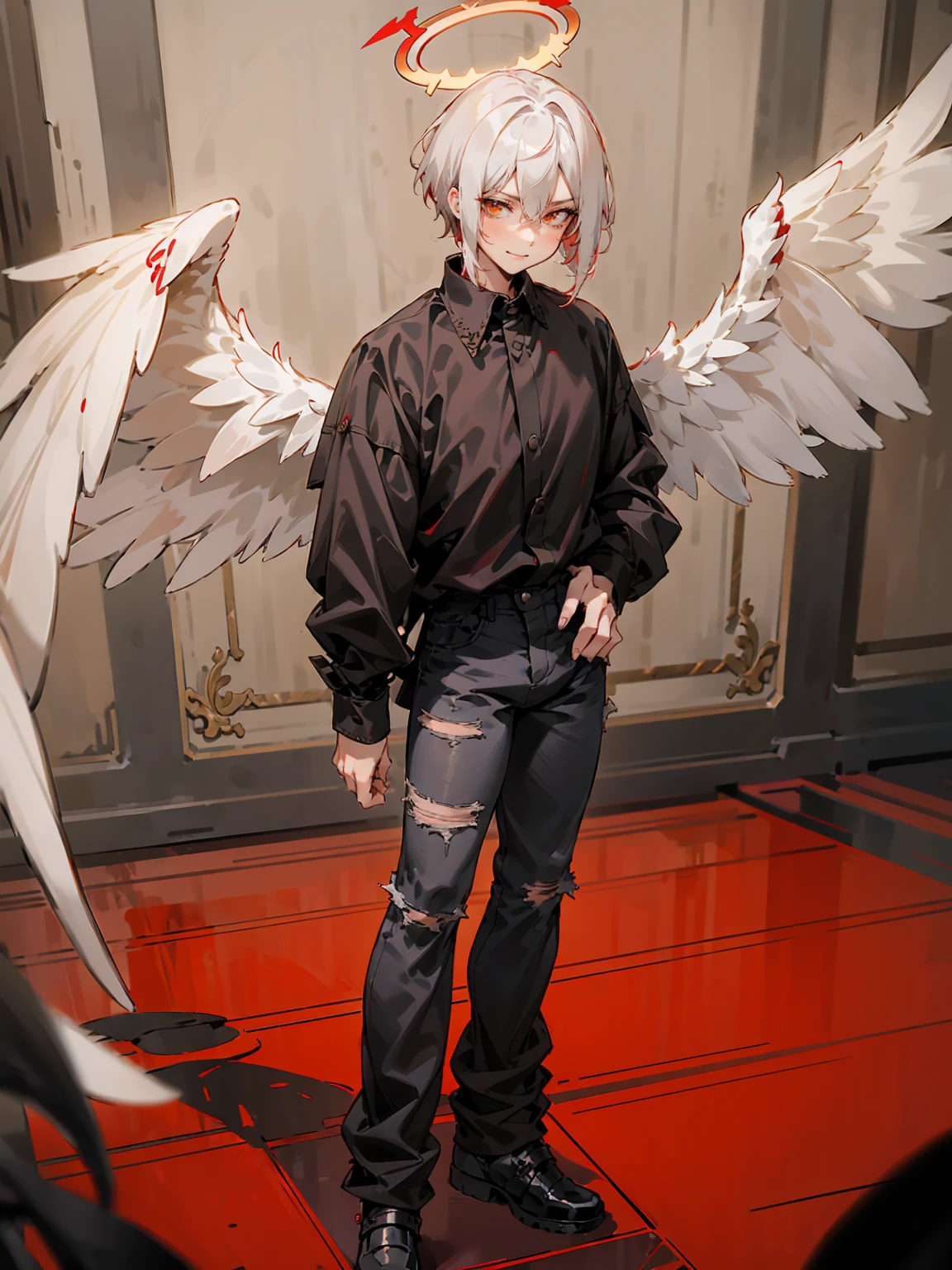 1male, Adult, Two Tone Hair, Crimson and White Hair, Short Hair, Undercut Hair, Red Angel Halo, Black Wings, Golden Eyes, Smirk, Black Flannel Shirt, Black Ripped Jeans, Standing On Path