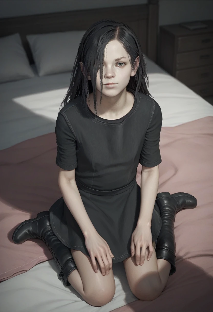 score_9, score_8_up, score_8, source_anime, 1girl, solo, flat chest, white skin, pale skin, long hair, black hair, hair over one eye, black dress, short sleeves, looking at viewer, boots, kneeling on the bed,
The background is a bedroom with a pink bed,