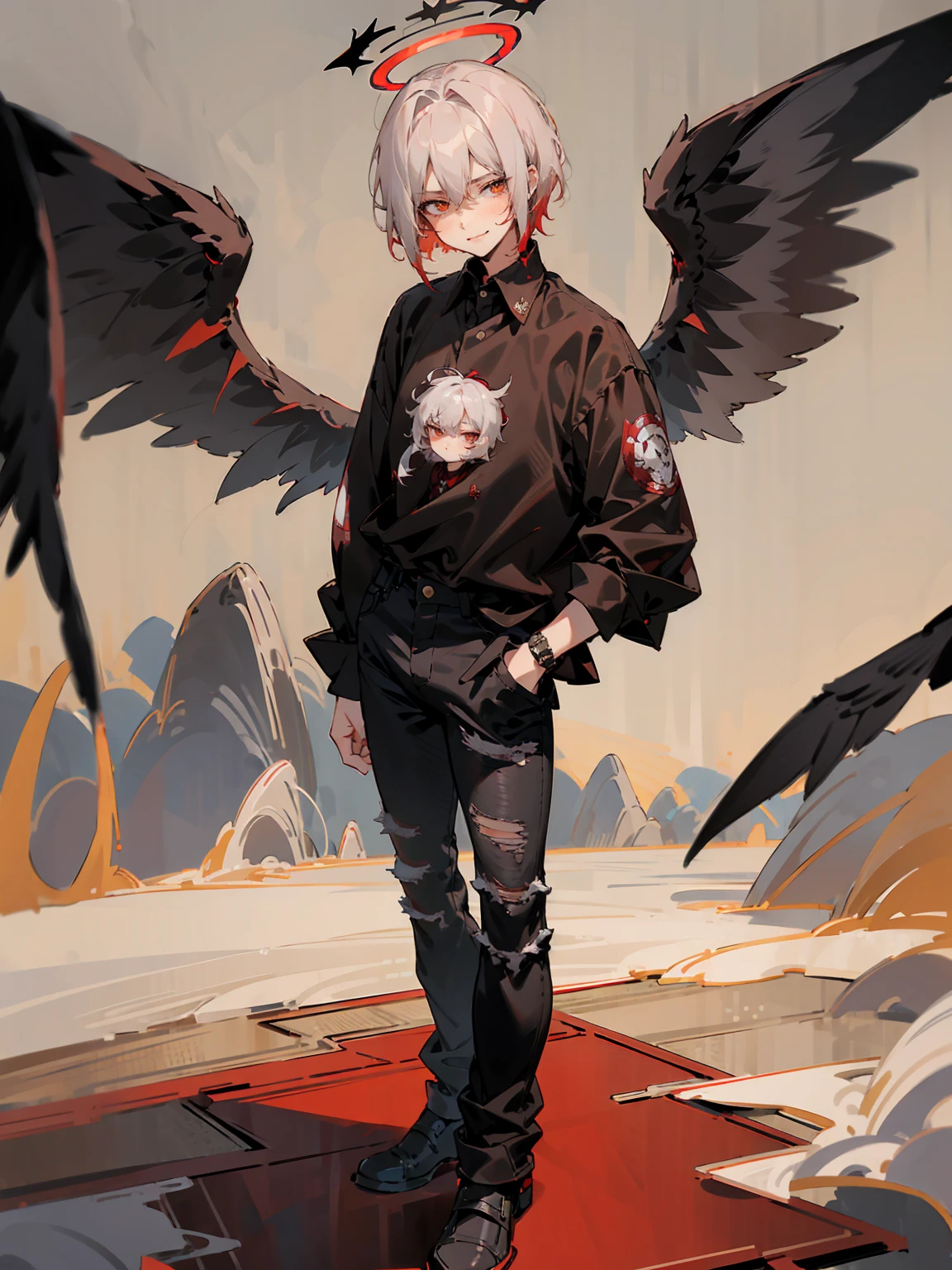 1male, Adult, Two Tone Hair, Crimson and White Hair, Short Hair, Undercut Hair, Red Angel Halo, Black Wings, Golden Eyes, Smirk, Black Flannel Shirt, Black Ripped Jeans, Standing On Path