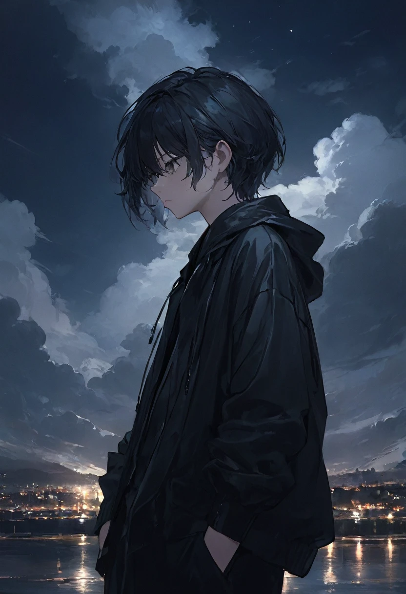 thinking , black clothes , masterpiece , cloudly night