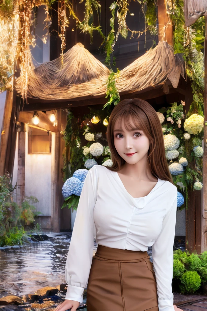 Tabletop, Highest quality, shape, Very detailed, In detail, High resolution, 8k wallpaper, Perfect dynamic composition, Beautiful attention to detail, Wavy long hair,Big breasts and natural lips, Sexy pose,smile,25-year-old woman、Beautiful woman、Looking into the camera、Ultra-realistic、(((reality:1.5))),(((White blouse、skirt、Brown Hair、Dark Eyes、Big and beautiful eyes:1.5)))、Standing posture、(((One Woman:1.5))),(((Japanese、rain、garden、Hydrangea)))