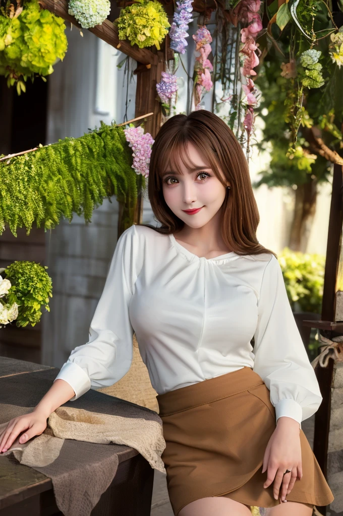 Tabletop, Highest quality, shape, Very detailed, In detail, High resolution, 8k wallpaper, Perfect dynamic composition, Beautiful attention to detail, Wavy long hair,Big breasts and natural lips, Sexy pose,smile,25-year-old woman、Beautiful woman、Looking into the camera、Ultra-realistic、(((reality:1.5))),(((White blouse、skirt、Brown Hair、Dark Eyes、Big and beautiful eyes:1.5)))、Standing posture、(((One Woman:1.5))),(((Japanese、rain、garden、Hydrangea)))