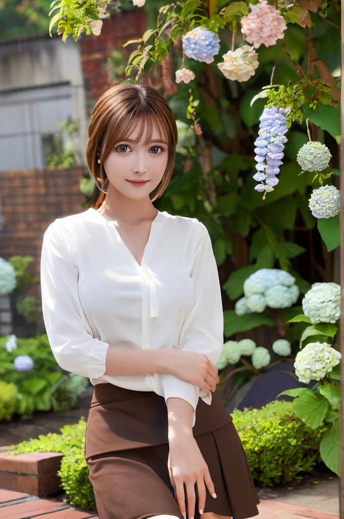 Tabletop, Highest quality, shape, Very detailed, In detail, High resolution, 8k wallpaper, Perfect dynamic composition, Beautiful attention to detail, Wavy long hair,Big breasts and natural lips, Sexy pose,smile,25-year-old woman、Beautiful woman、Looking into the camera、Ultra-realistic、(((reality:1.5))),(((White blouse、skirt、Brown Hair、Dark Eyes、Big and beautiful eyes:1.5)))、Standing posture、(((One Woman:1.5))),(((Japanese、rain、garden、Hydrangea)))