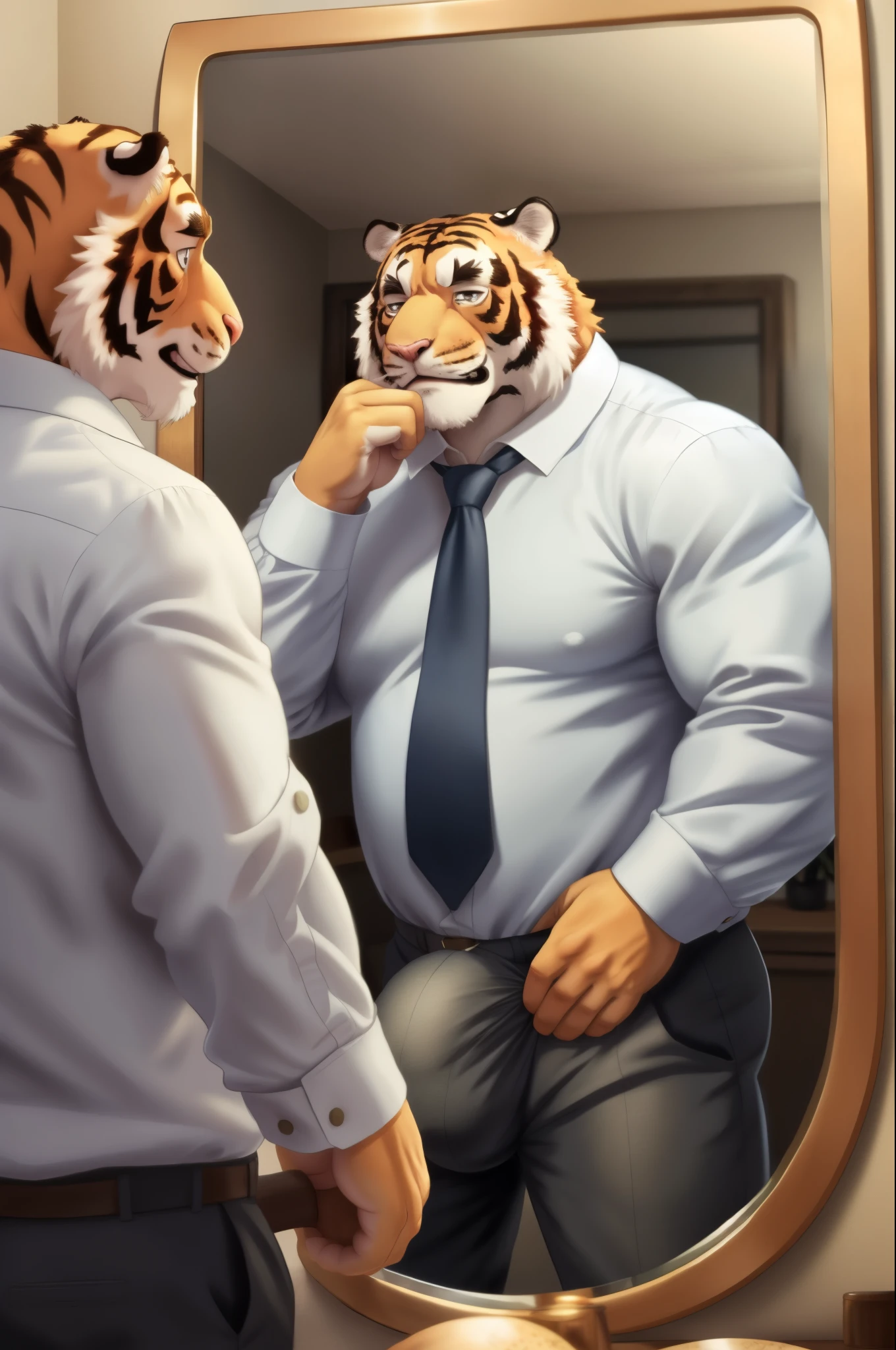 Author: bontiage, (1 boy), One, tiger, big bulge crotch, boner, pants, long sleeve plain shirt, necktie, Men's Second, kemono, hot body, muscle, Beautiful, sexual, Attractive guy, (Detailed black eyes), brows, (masterpiece, A high resolution, Best quality), 4K, a male, Beautiful shadow, (red cheek:1.5), (large wall-mounted mirror), (reflection is in the mirror:1.4), (in front of mirror), (facing the mirror), (looking the mirror), (from behind:1.5)