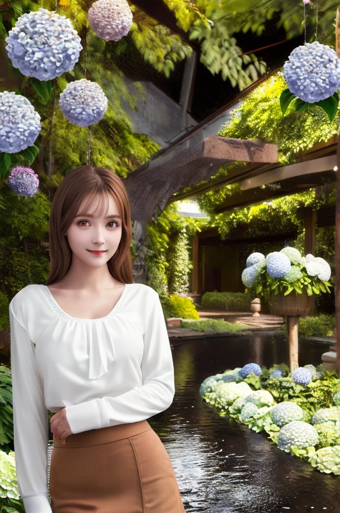 Tabletop, Highest quality, shape, Very detailed, In detail, High resolution, 8k wallpaper, Perfect dynamic composition, Beautiful attention to detail, Wavy long hair,Big breasts and natural lips, Sexy pose,smile,25-year-old woman、Beautiful woman、Looking into the camera、Ultra-realistic、(((reality:1.5))),(((White blouse、skirt、Brown Hair、Dark Eyes、Big and beautiful eyes:1.5)))、Standing posture、(((One Woman:1.5))),(((Japanese、rain、garden、Hydrangea)))