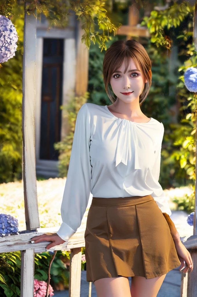 Tabletop, Highest quality, shape, Very detailed, In detail, High resolution, 8k wallpaper, Perfect dynamic composition, Beautiful attention to detail, Wavy long hair,Big breasts and natural lips, Sexy pose,smile,25-year-old woman、Beautiful woman、Looking into the camera、Ultra-realistic、(((reality:1.5))),(((White blouse、skirt、Brown Hair、Dark Eyes、Big and beautiful eyes:1.5)))、Standing posture、(((One Woman:1.5))),(((Japanese、rain、garden、Hydrangea)))