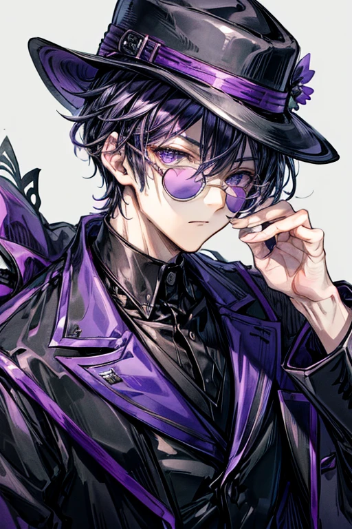 (masterpiece, best quality, perfect face, expressive eyes), 1boy, (anime), (male), black hair, purple ombre, purple hair, black suit, black fedora, (purple tainted glasses)