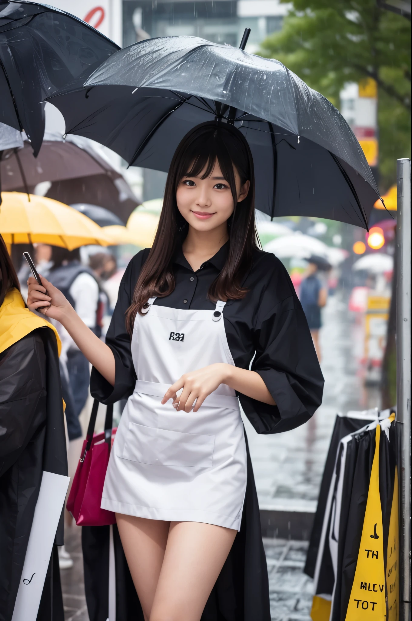 A 22-year-old girl selling umbrellas with umbrellas lined up（Wearing a miniskirt and apron）on a rainy day