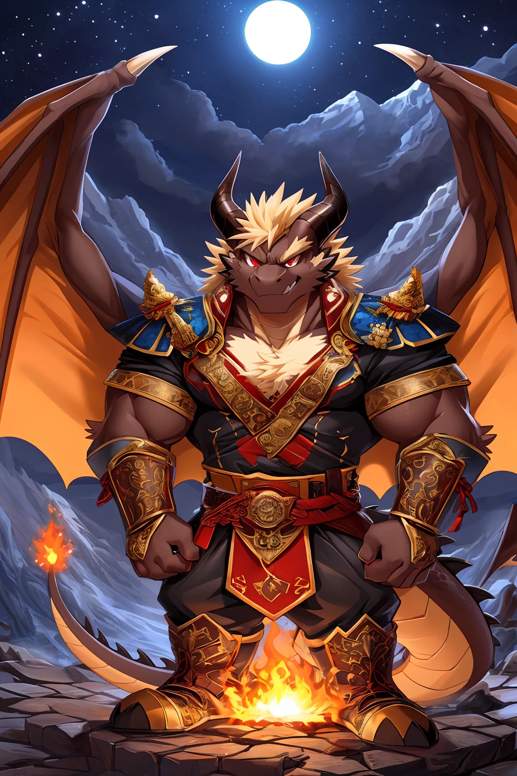(sfw:1.5), male focus, Handsome 1boy, solitary, single，protrait photo, (Light blond thick eyebrows:1.3), (Black nails, Black Claws:1.3), (Dark brown dragon wings, Translucent wing membrane:1.5), Dark brown skin, Light blond chest hair, Light golden belly hair, (Dark brown tail:1.4), White fangs, (Perfect red eyes:1.4), (Dark brown ears, Dark brown body:1.3), (Dark brown thick horns, Dark brown horns, Dark brown curved horns:1.4), (黑棕色的Dragon Tail:1.2), (Light blond hair:1.4), Beige chest, 
demon, feet, Demom, devil, devil boy, devil body, Demom boy, Demom body, (evil eyes, big eyes, large eyes:1.4), (Dragon Tail:1.4), (Chubby, The body is huge, Larger face:1.2), (Bare neck:1.4), 
(Royal Guards, Tang Dynasty official uniform:1.5), (Dark brown clothing:1.4), (brown belt:1.3), (Dark brown boots, Red shoelaces:1.2), (Red clothes texture:1.3), (Mars splashes, spark:1.2), 
(full body:1.4), (Mature men:1.5), (Strong body, muscle,Strong male, muscle男:1.3), (Thick arms, Strong and strong legs, Strong legs:1.3), (look up, flight, Standing:1.3), (Looking at the audience, Focus, Eyes gaze:1.2), (grace, charming, charm, arrogant:1.3), (evil smile, evil grin, Smirk:1.3), 
full background, Night, Mountains and rivers, hell, confusion, magma, flame, Broken Ground, 
Mysterious and romantic atmosphere, Caustic lines(refraction, polarization)Perfect anatomical structure, absurd, Detailed background, (Delicate eyes:1.3),Printing style。((artist:Takemoto Arashi))