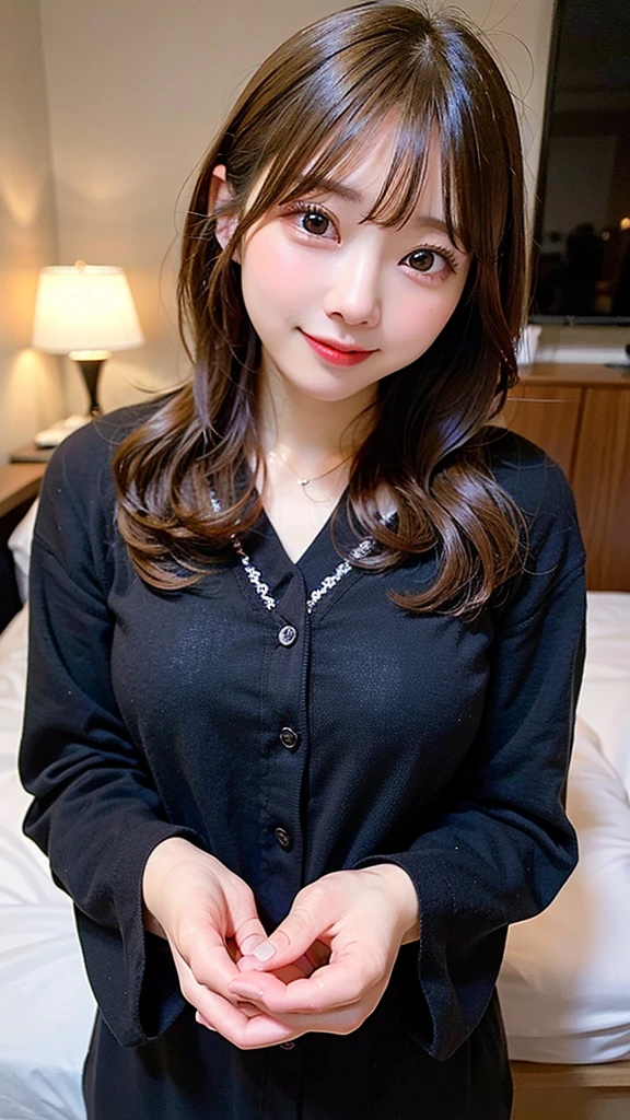 (8k, RAW photo:1.2)detailed face and eyes,最high quality, 超A high resolution, very detailed ,intricate details , bedroom, black pajamas、pretty girl , soft movie-like light, hyper detail,sharp focus, high quality, dripping from,smile、