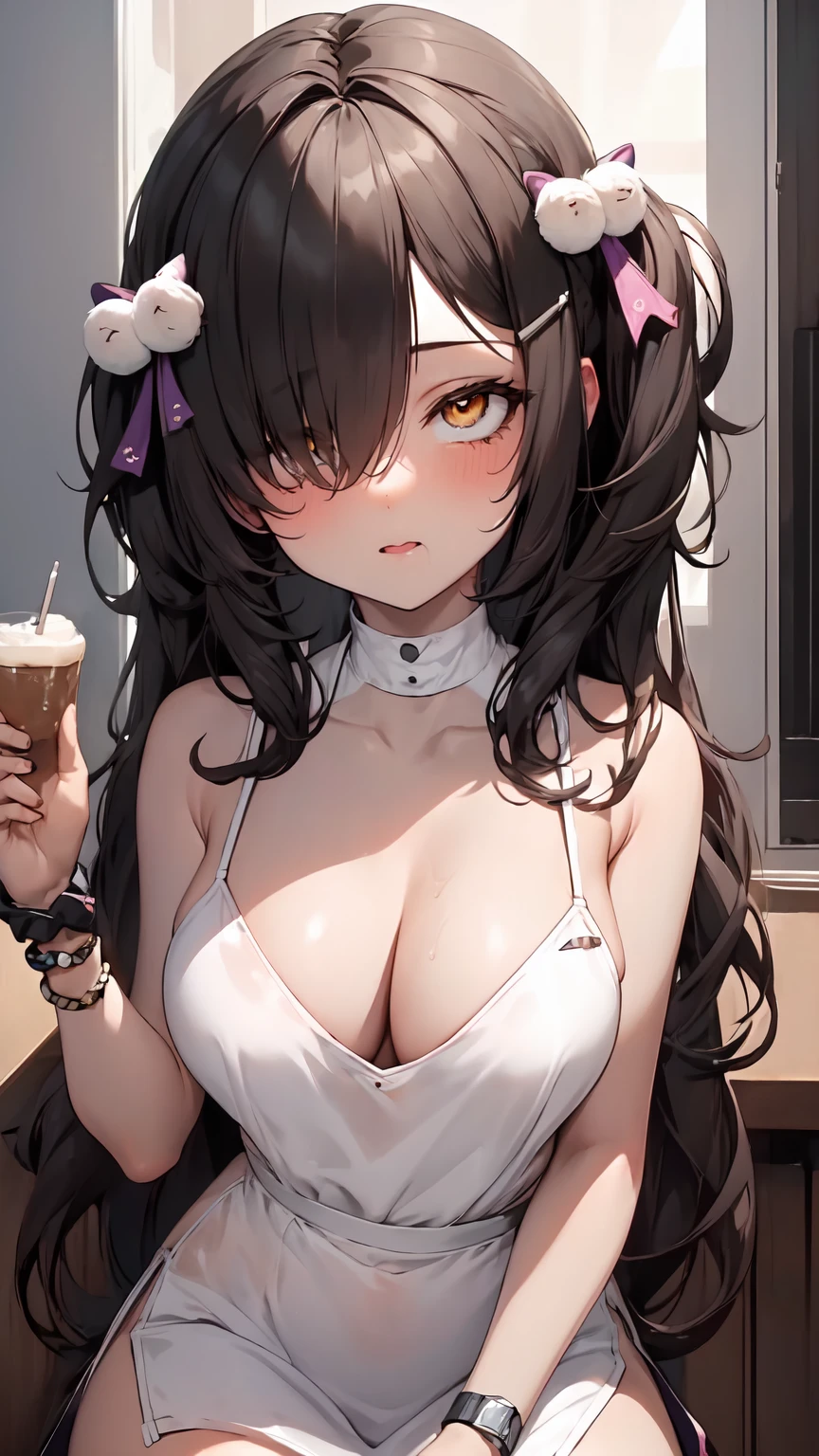 1girl, solo, hair ornament, (naked:1.3), (white apron), large breasts, cleavage, thighs, kitchen background, (blushing:1.3), naga, brown hair, ponytail, golden eyes, dark skin, gal, naga, lewd, sexy pose, attractive woman, ahegao, sexy