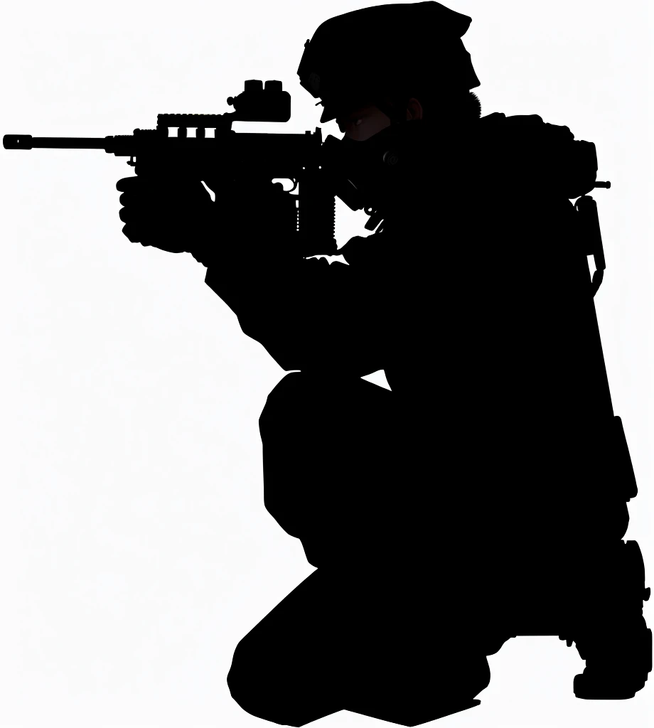 Silhouette of a soldier with a gun, 人物contour, 详细contour, Black silhouette, White background上孤立, White background, Full body close-up, Soldier with gas mask, Single silhouette, High-quality images, 人的contour, Logo without text, 人体contour, 一个男人的contour, contour, HD illustrations