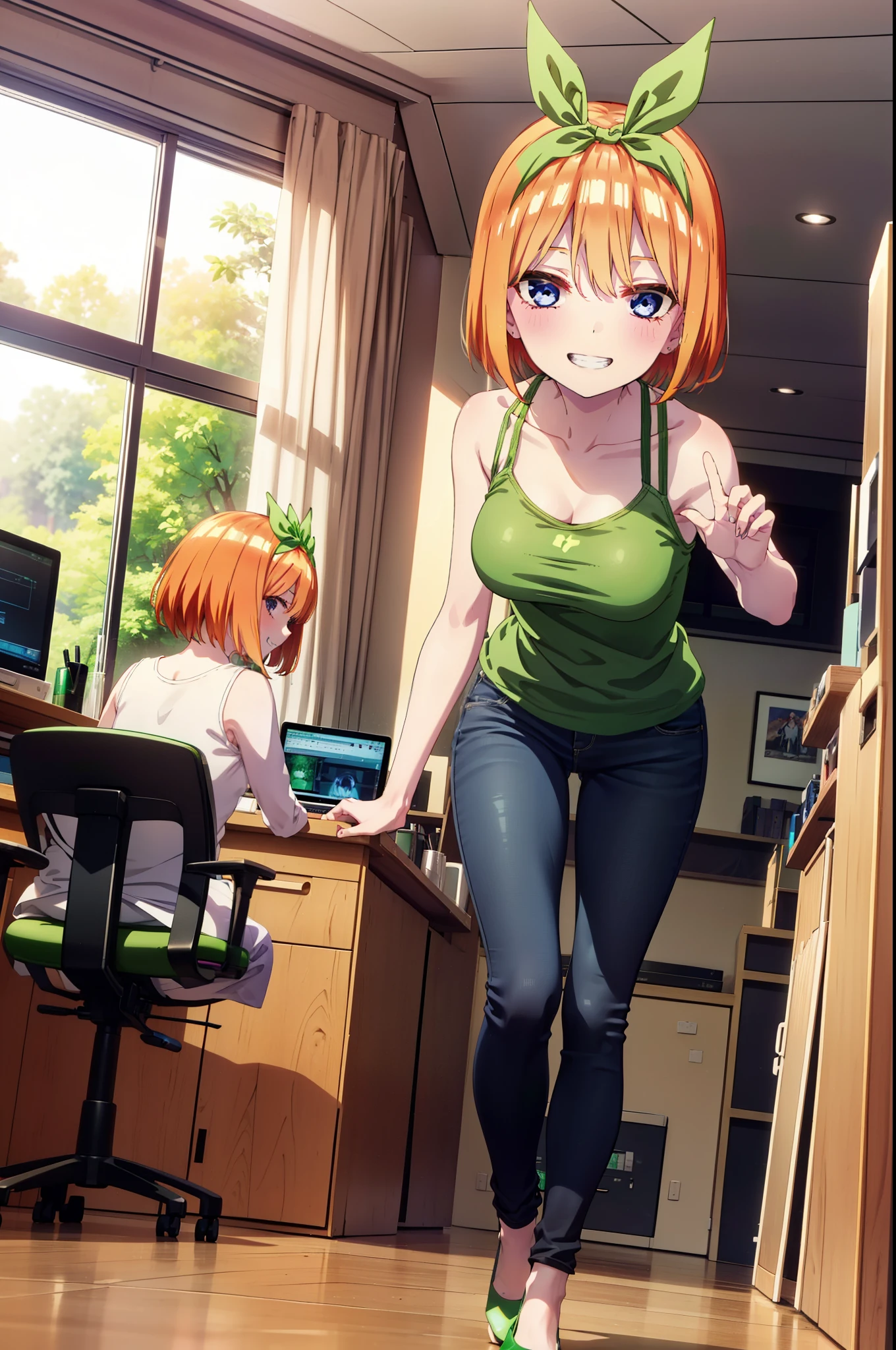 Yotsubanakano, Yotsuba Nakano, bangs, short hair, blue eyes, Hair between the eyes, hair ribbon, hair band, Orange Hair, (Green ribbon:1.5), smile, Grin,Green tank top,Skinny jeans,Stiletto heels,There is a computer on the table,interior,Walking,whole bodyがイラストに入るように,
break indoors, オフィス
break looking at viewer, whole body,
break (masterpiece:1.2), Highest quality, High resolution, unity 8k wallpaper, (figure:0.8), (Beautiful attention to detail:1.6), Highly detailed face, Perfect lighting, Highly detailed CG, (Perfect hands, Perfect Anatomy),