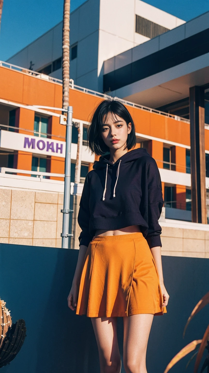 portrait of a 23 yo girl, plum body ,wear ((orange color oversized hoodie)), wear ((purple tennis skirt)),looking front,Best Quality,Masterpiece,Ultra High Resolution,(Realisticity:1.4),Original Photo, 1Girl, light leak,ultra high resolution,UHD,beautiful, (black bob hair), almond eye, no makeup, in front of (80's mondrian architecture motel), (realistic:1.2), (surreal:1.3), (very detailed:1.1), ((masterpiece)),summer, blue sky, palm trees,sunny, los angles vibes,film camera, 800mm lens,style of Philip Lorca diCorcia