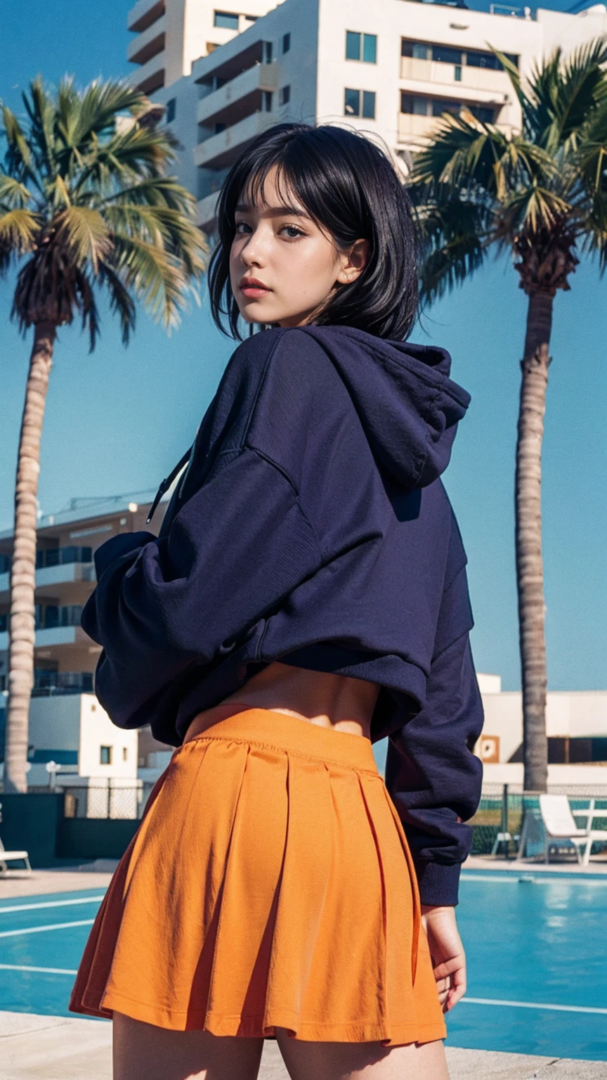 portrait of a 23 yo girl, plum body ,wear ((orange color oversized hoodie)), wear ((purple tennis skirt)),looking front,Best Quality,Masterpiece,Ultra High Resolution,(Realisticity:1.4),Original Photo, 1Girl, light leak,ultra high resolution,UHD,beautiful, (black bob hair), almond eye, no makeup, in front of (80's mondrian architecture motel), (realistic:1.2), (surreal:1.3), (very detailed:1.1), ((masterpiece)),summer, blue sky, palm trees,sunny, los angles vibes,film camera, 800mm lens,style of Philip Lorca diCorcia