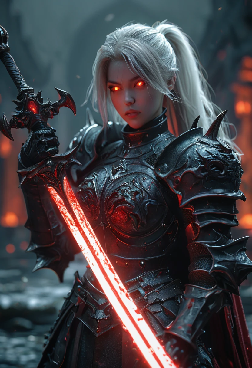 8k resolution, depth of field, photorealistic, lens flare, ((best quality)), (((intricate details))), highly detailed, (((cinematic effect))), looking at viewer,1girl,breasts,long hair, ((white hair with black highlights)), ponytail, glowing red eyes, serious and severe face, demonic armor, helmet in the shape of a blood red dragon head,holding, holding weapon, sword, holding sword, the blade and blood red color, night, (underworld,hells), well of cursed souls, the river styx, one of the 4 rivers of hell in the background,HD, no anatomical defects,masterpiece, best quality, hyper detailed, ultra detailed, super realistic