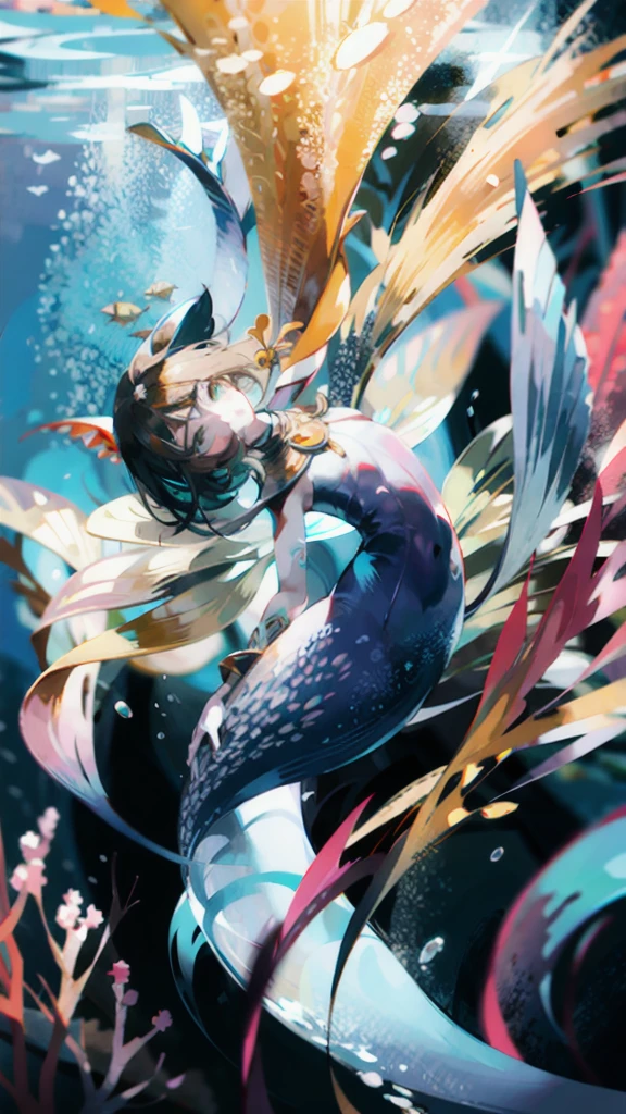 full body, shoot from front, (masterpiece, Highest quality:1.2), (Intricately detailed:1.2), Whimsical underwater world, Schools of vibrant fish dart among corals and sea anemones. The colors are vibrant and playful, pink, yellow, Blues creates a bright and lively atmosphere. In the foreground, A mermaid with flowing hair and a glittering tail gracefully swims through the water。, A playful octopus dances nearby. This scene、Captures the imagination and magic of an underwater fantasy world.