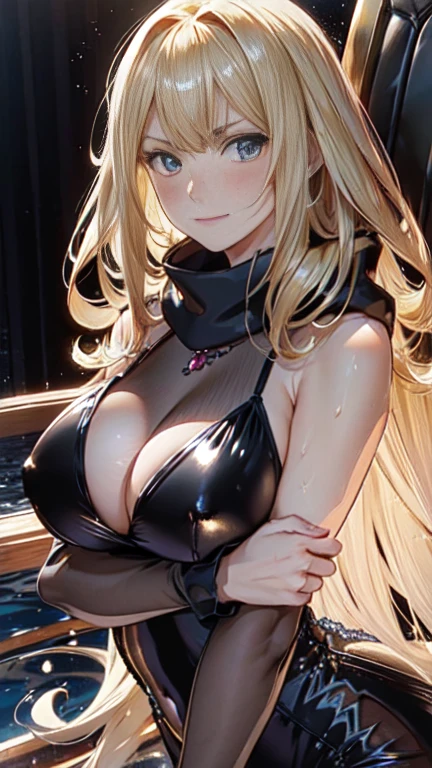 the same,
Depicts only one woman,
Golden Hair,Wet hair texture,water droplets dripping from hair,
(long hair.05),Ashime,Loose and fluffy perm,
((Black Rose))Hair Accessories,Purple Necklace,
Natural skin texture,Big boobs,Narrow waist,Bring both arms together,
Slightly muscular body,
((((Black one piece dress)))),
Black scarf,
(((Black transparent jacket))),
Golden crown,
Neuschwanstein Castle,sit,
4:50pm,sunset,board a ship,
Slightly larger breasts,expression(Puzzled),Hall々and attitude,Closed Mouth,
blush,from the front,Broken posture,
Natural depiction,
Beautiful depiction,
Shiny eyes,
Healthy Body,
Natural hairstyle,
Natural body contours,
Natural facial contours,
(Five fingers)Absolute depiction,Symmetrical fingers,
Two arms,
Two legs,
Sharp eyelid depiction,
Symmetrical eyes,Symmetrical eyes,
Keep the subject in the center,Expand the upper body,
Beautiful image quality,
Delicate shades,
4K,Very detailed,
Delicate light adjustment,
Delicate contour drawing,
Does not depict nipples,